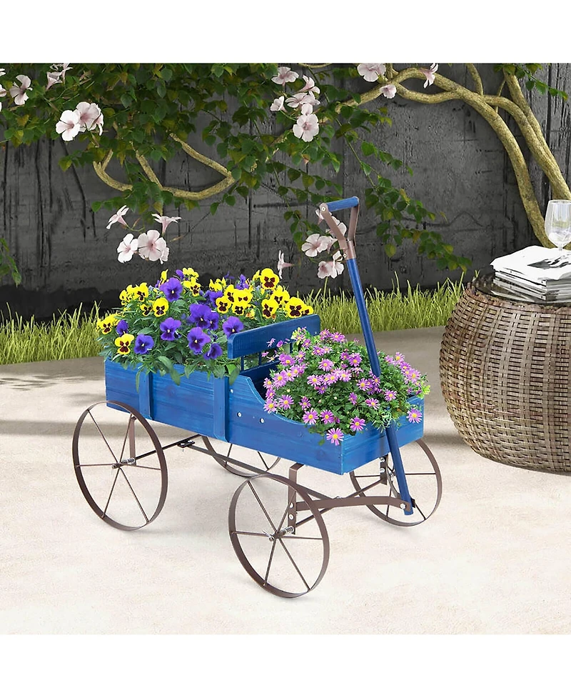 Gymax Patio Wooden Garden Flower Planter Wagon Plant Bed W/ Wheel Garden Yard