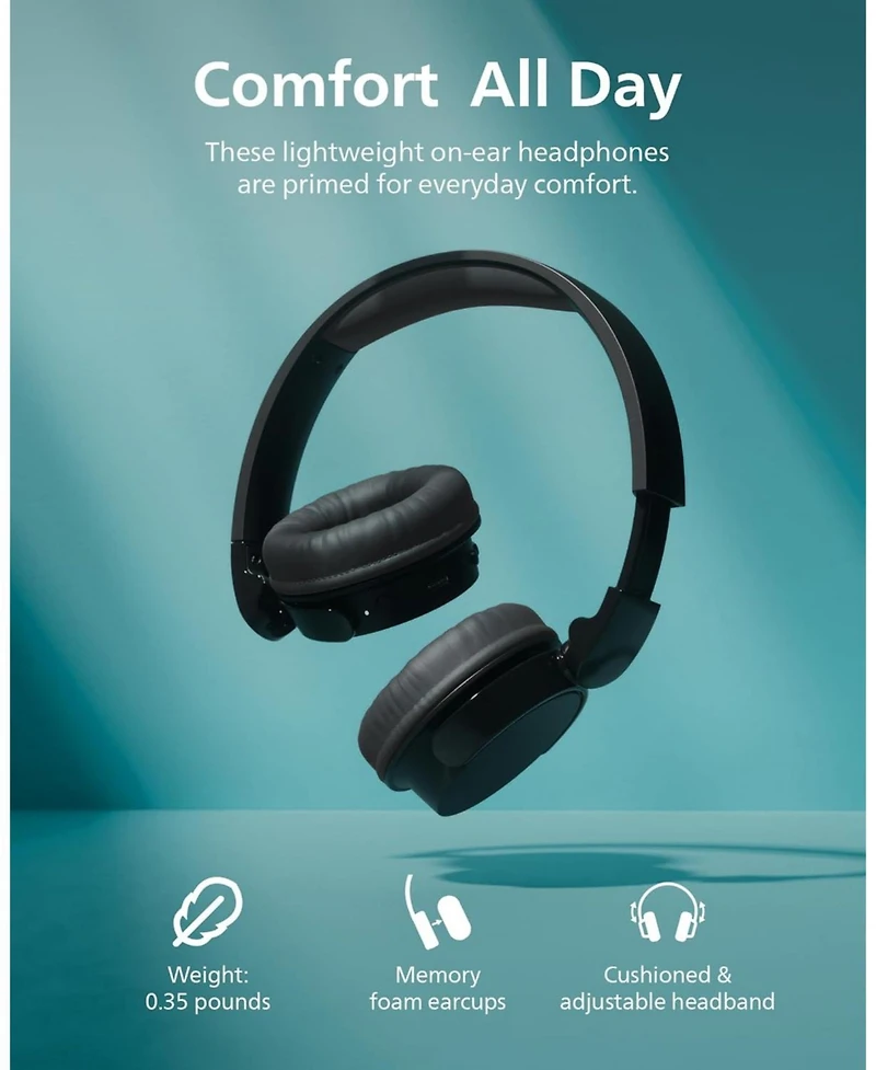 Philips H3209 Wireless Headphones,On-Ear Bluetooth Headphones, 25H Battery Life, Fast Charging, Bluetooth 503, Dark Black