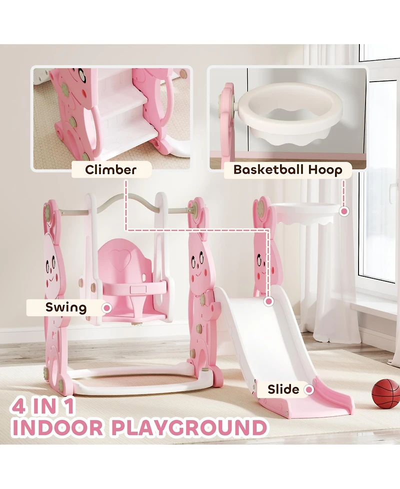 Qaba 4 in 1 Toddler Slide and Swing Set w/ Climber, Basketball Hoop,