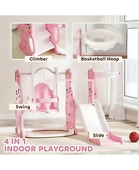 Qaba 4 in 1 Toddler Slide and Swing Set w/ Climber, Basketball Hoop,