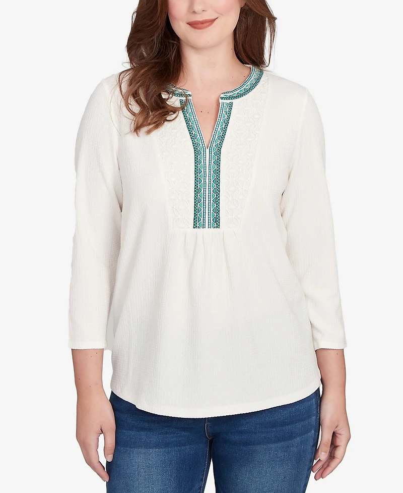 Ruby Rd. Petite Embellished Textured Split Neck Top