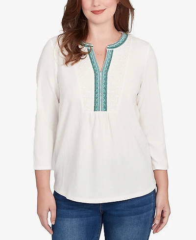 Ruby Rd. Petite Embellished Textured Split Neck Top