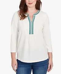 Ruby Rd. Petite Embellished Textured Split Neck Top