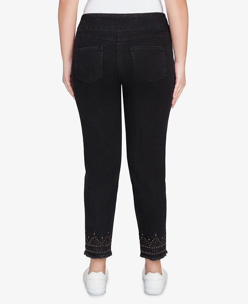 Ruby Rd. Petite Pull On Embroidered Hem Black Ankle Jeans