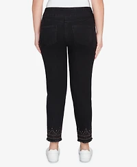 Ruby Rd. Petite Pull On Embroidered Hem Black Ankle Jeans