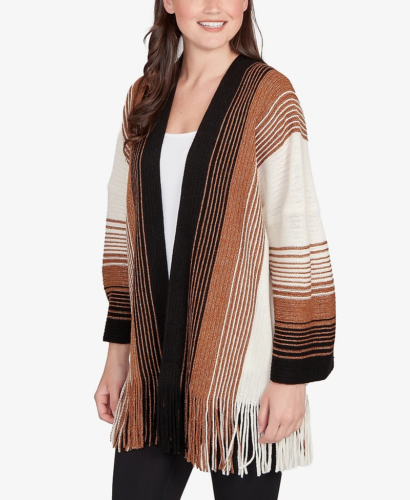 Ruby Rd. Petite Open Fringed Stripe Cardigan Sweater