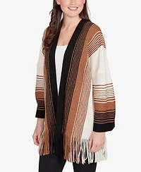 Ruby Rd. Petite Open Fringed Stripe Cardigan Sweater