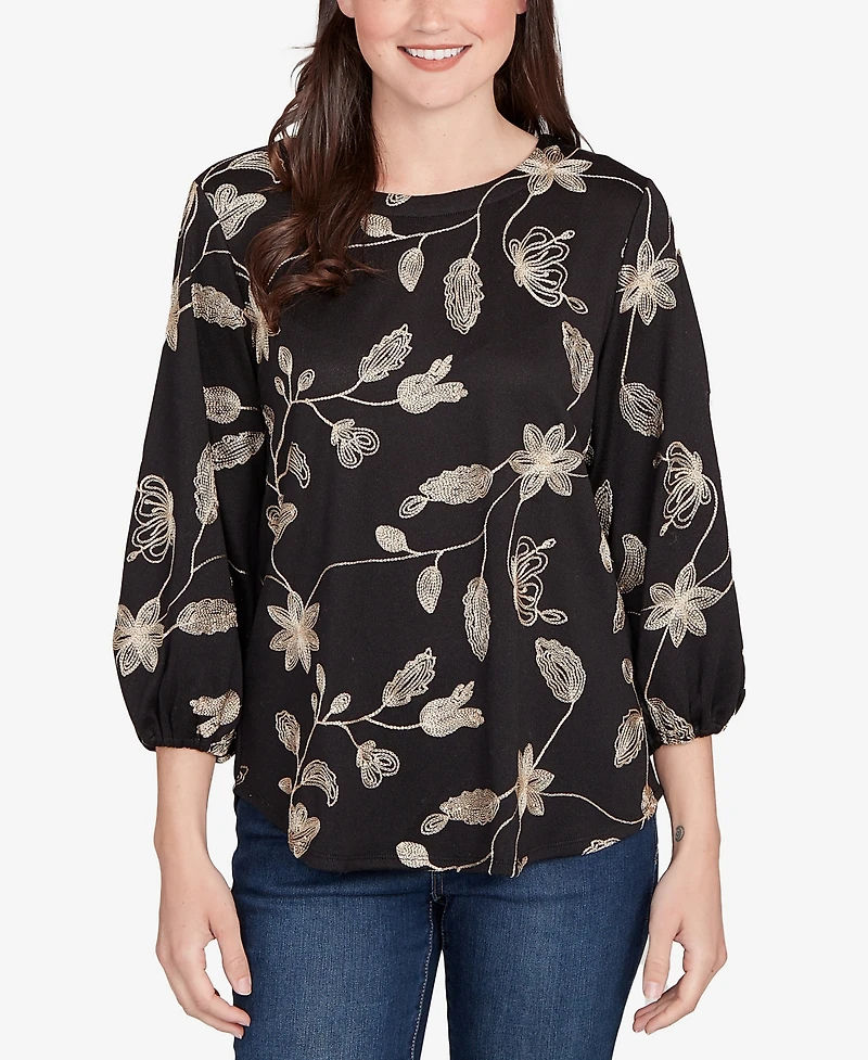 Ruby Rd. Petite Metallic Embroidered Floral Top