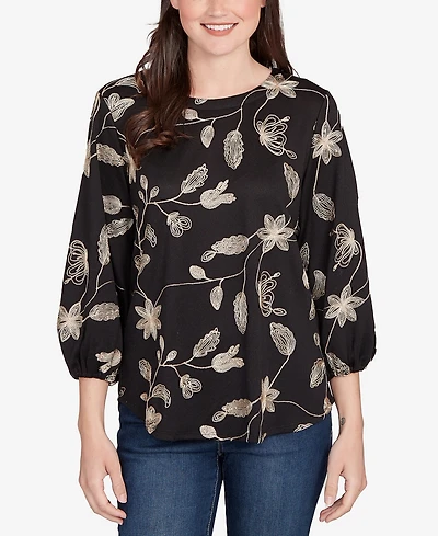 Ruby Rd. Petite Metallic Embroidered Floral Top