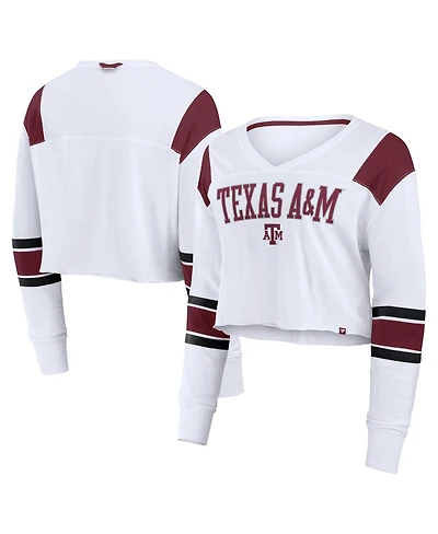 Fanatics Women's White Texas A&M Aggies Training Camp Cropped Long Sleeve V-Neck Fashion Top