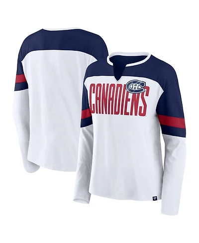 Fanatics Women's White/Navy Montreal Canadiens Frozen Long Sleeve Notch Neck T-Shirt
