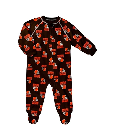Outerstuff Baby Boys and Girls Brown Cleveland Browns Allover Print Raglan Full-Zip Sleeper