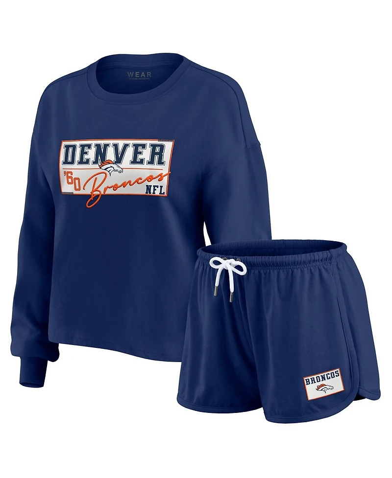 Wear by Erin Andrews Women's 2-Piece Navy Denver Broncos Heavy Rugby Jersey Long Sleeve T-Shirt and Shorts Lounge Set