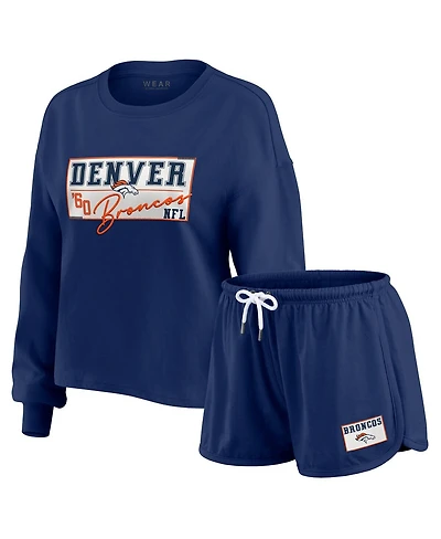 Wear by Erin Andrews Women's 2-Piece Navy Denver Broncos Heavy Rugby Jersey Long Sleeve T-Shirt and Shorts Lounge Set