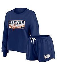 Wear by Erin Andrews Women's 2-Piece Navy Denver Broncos Heavy Rugby Jersey Long Sleeve T-Shirt and Shorts Lounge Set