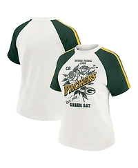 Wear by Erin Andrews Women's White Green Bay Packers Sleeve Stripe Distressed Raglan T-Shirt