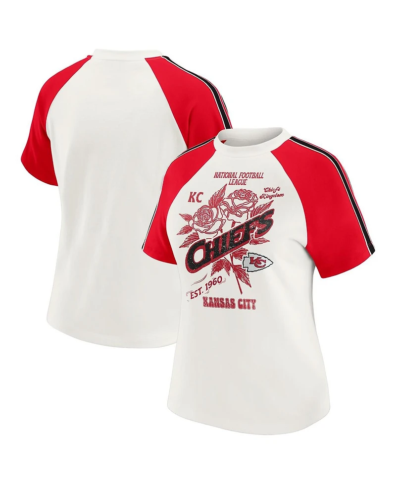 Wear by Erin Andrews Women's White Kansas City Chiefs Sleeve Stripe Distressed Raglan T-Shirt