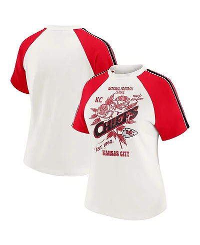 Wear by Erin Andrews Women's White Kansas City Chiefs Sleeve Stripe Distressed Raglan T-Shirt