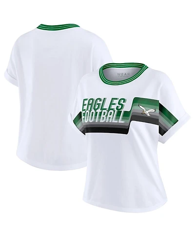 Wear by Erin Andrews Women's White Philadelphia Eagles Cropped Center Stripe Dolman T-Shirt