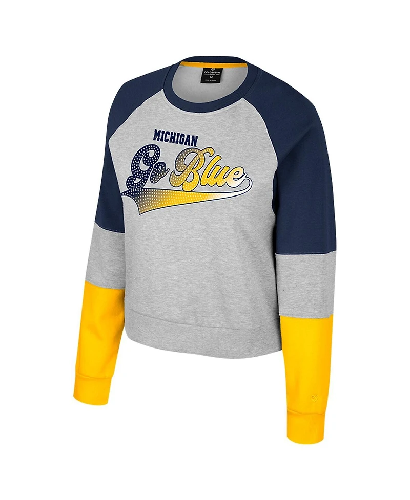 Colosseum Women's Heather Gray Michigan Wolverines Katinka Rhinestone Scoop Neck Pullover Sweatshirt