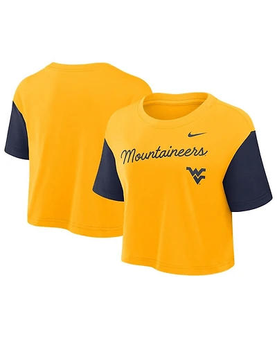 Nike Women's Gold/Navy West Virginia Mountaineers Color-Block Script Performance Cropped T-Shirt