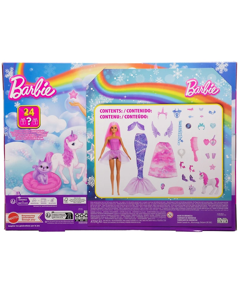 Barbie Advent Calendar with Fashion Doll and 24 Surprise Toy Accessories Including Unicorn and Pets