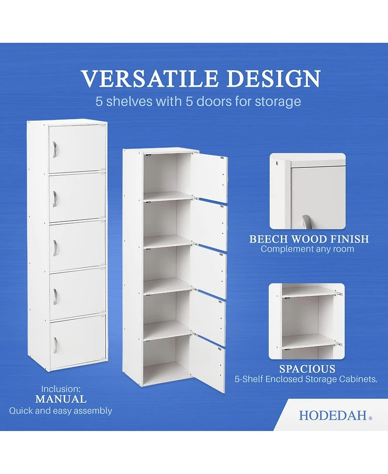 Hodedah 5 Shelf Home and Office Enclosed Organization Storage Cabinet, White