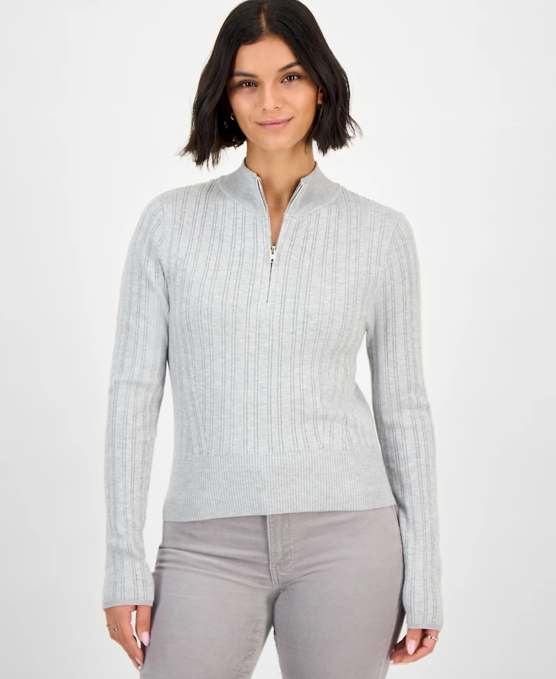 Hooked Up by Iot Juniors' Variegated Rib-Knit Half-Zip Sweater