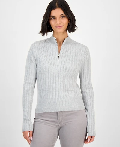 Hooked Up by Iot Juniors' Variegated Rib-Knit Half-Zip Sweater