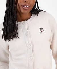 Hooked Up by Iot Juniors' Teddy Bear-Embroidered Crewneck Cardigan