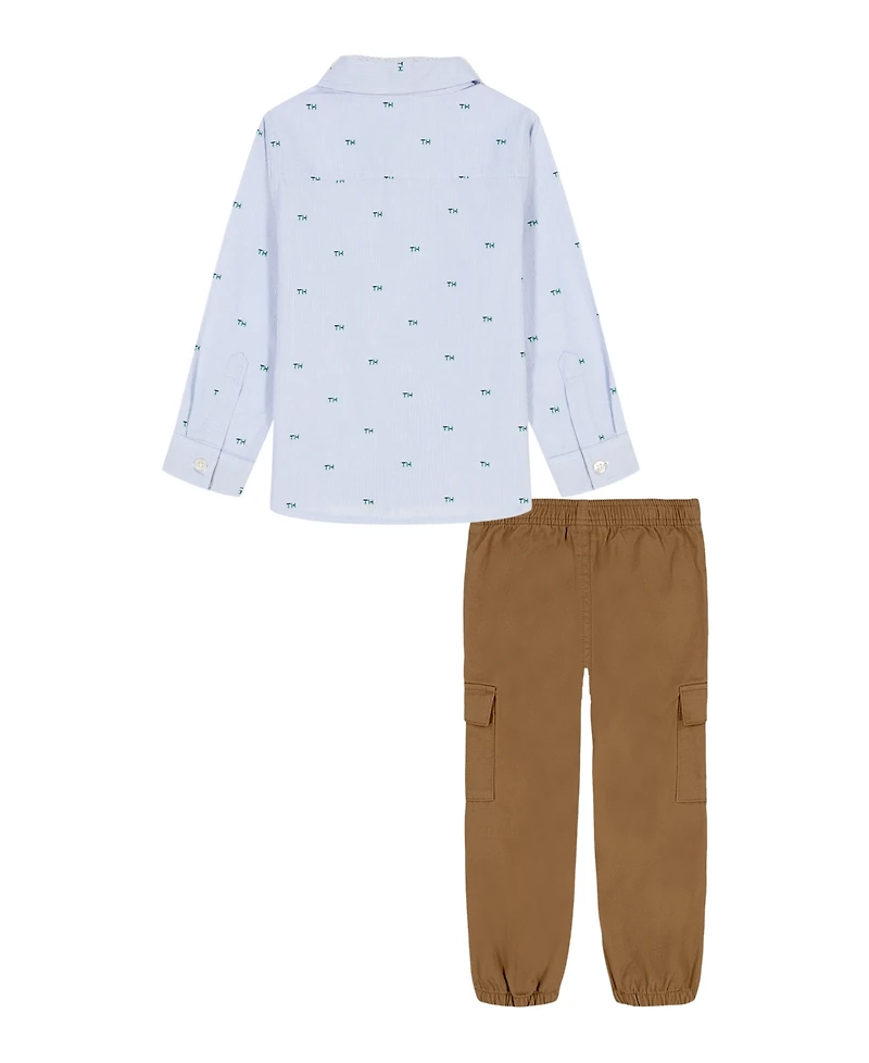 Tommy Hilfiger Toddler Boys 2-Piece Chambray Trim Printed Shirt and Prewashed Twill Jogger Pants