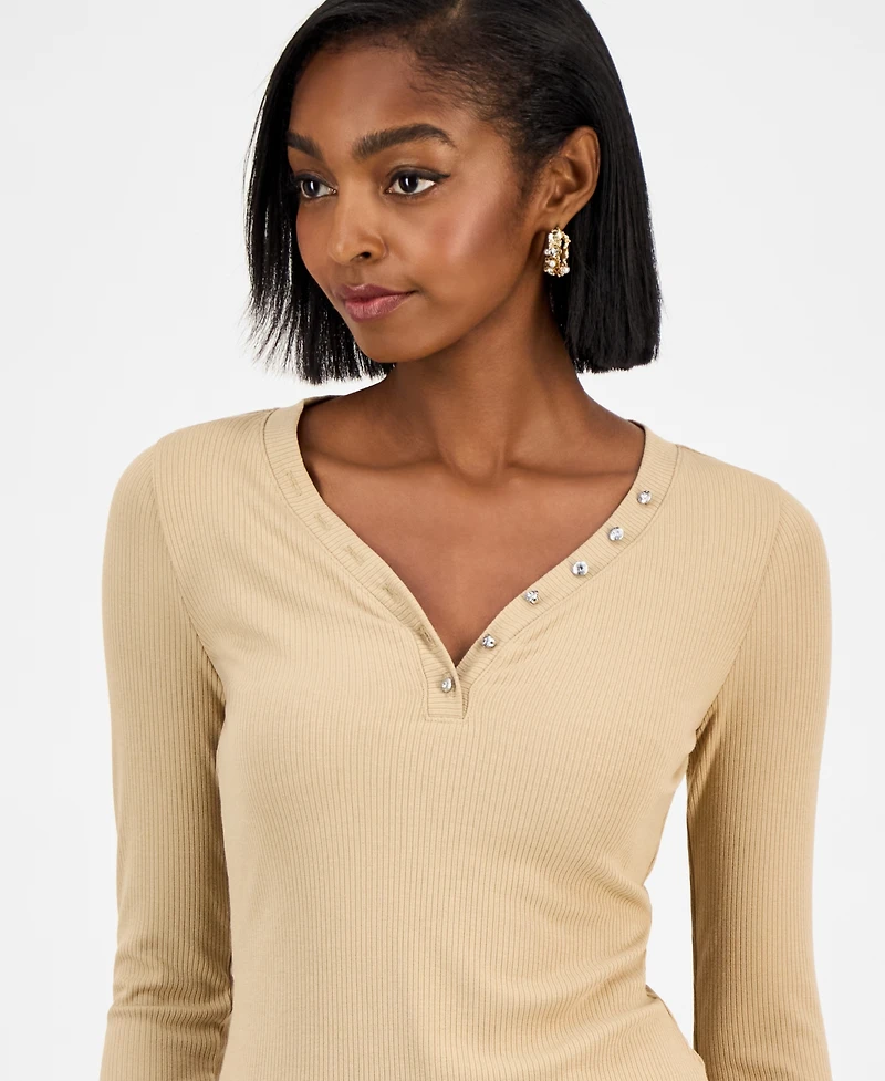Guess Women's Kyla Ribbed Knit Henley Top
