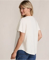 Lands' End Women's Slub Flutter Sleeve Lace Trim Notch Neck Tunic Top