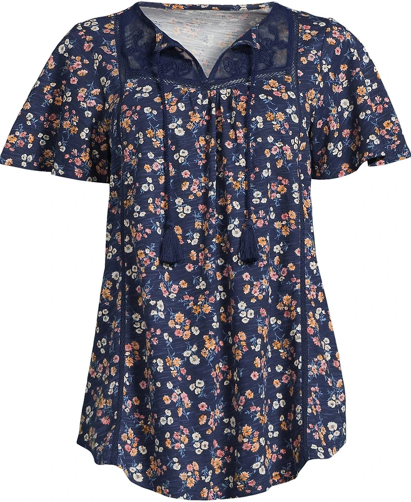 Lands' End Women's Slub Flutter Sleeve Lace Trim Notch Neck Tunic Top