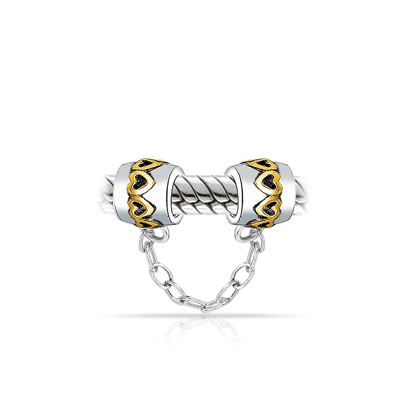 Bling Jewelry Two Tone Love Hearts Safety Chain Spacer Stopper Charm Bead Gold Plated Silver