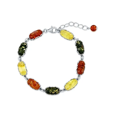 Sterling Silver, Multi-Color Oval Amber Bracelet