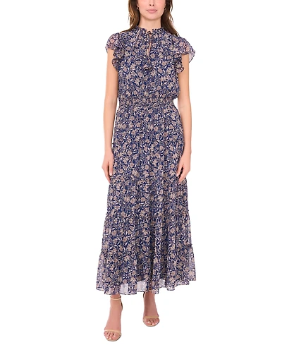 Msk Women's Short Sleeve Smocked Waist Tiered Maxi Dress