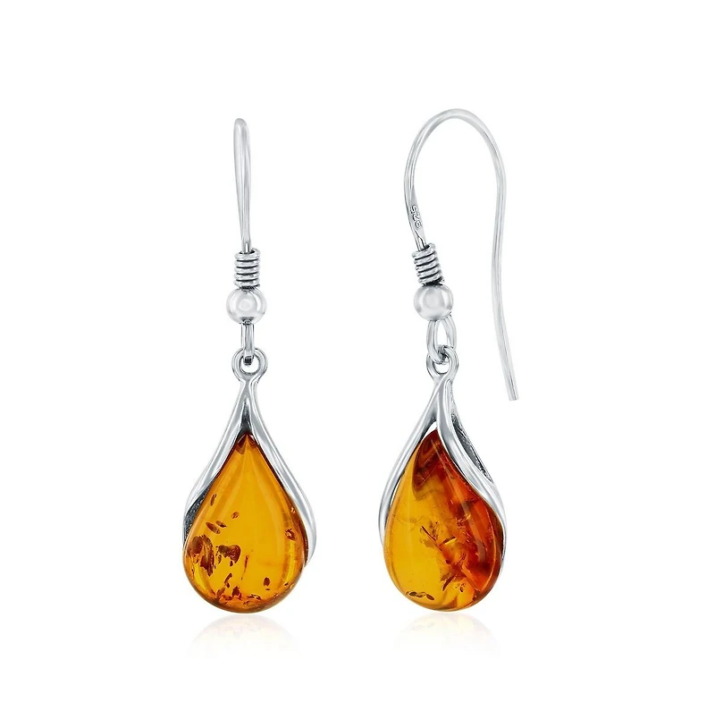 Caribbean Treasures Sterling Silver, Teardrop Amber Dangle Earrings