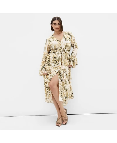 City Chic Plus Plunge Frill Print Maxi Dress