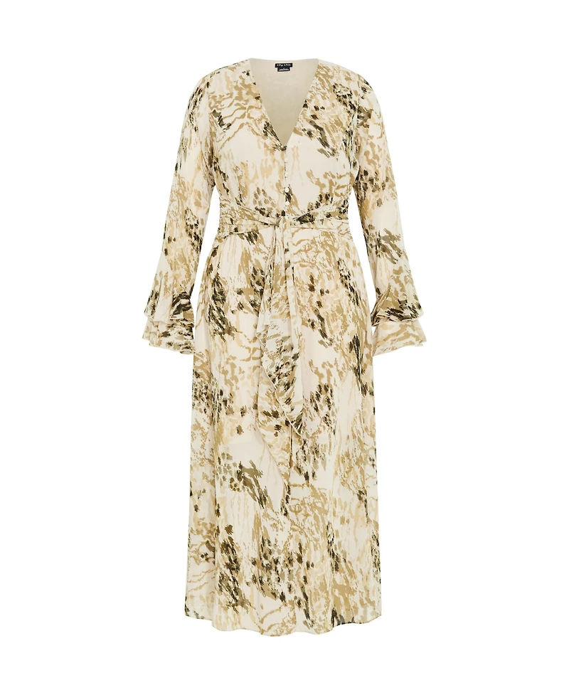 City Chic Plus Plunge Frill Print Maxi Dress