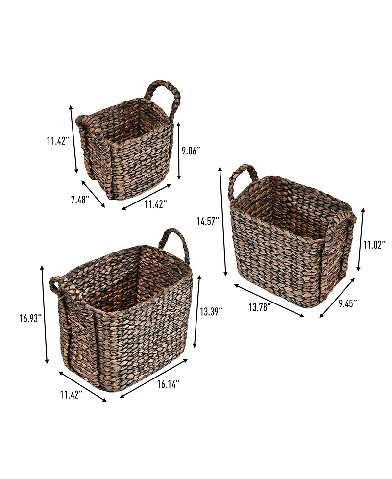 Clara Farmhouse Classic Hand-Woven Hyacinth Rectangle Storage Floor Baskets with Handles (Set of 3)