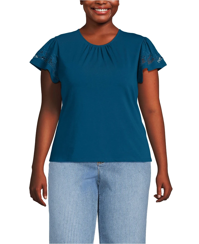 Lands' End Women's Plus Lightweight Jersey Crew Neck Ruffle Sleeve Flowy Top