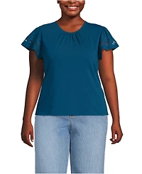 Lands' End Women's Plus Lightweight Jersey Crew Neck Ruffle Sleeve Flowy Top