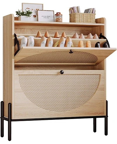 Ironck Shoe Cabinet Storage with 2 Flip Drawers, Oak