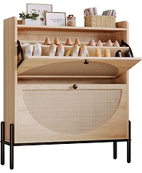 Ironck Shoe Cabinet Storage with 2 Flip Drawers, Oak