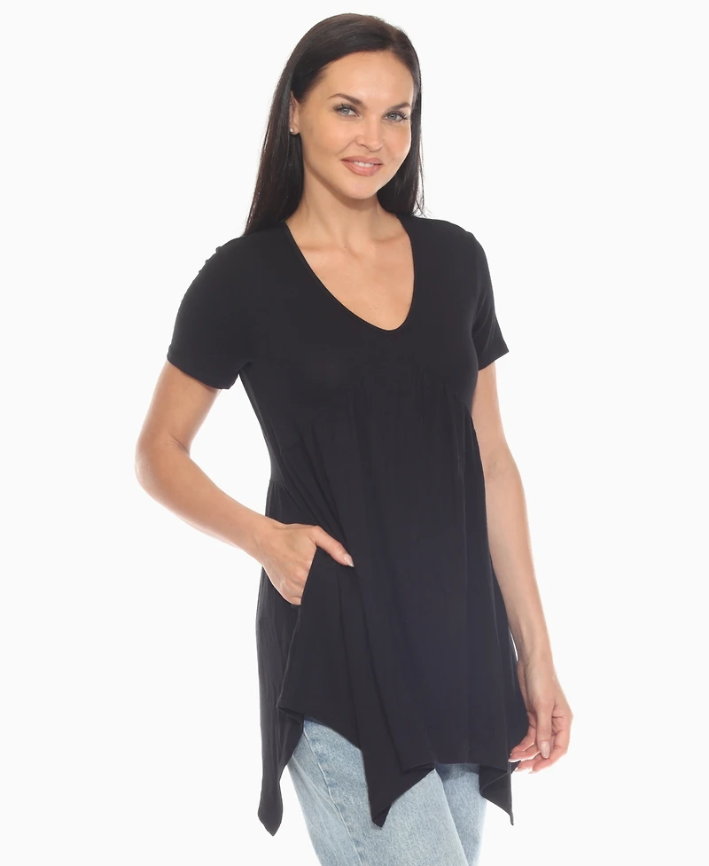 White Mark Women's Short Sleeve Shirred Front Knit Tunic Top