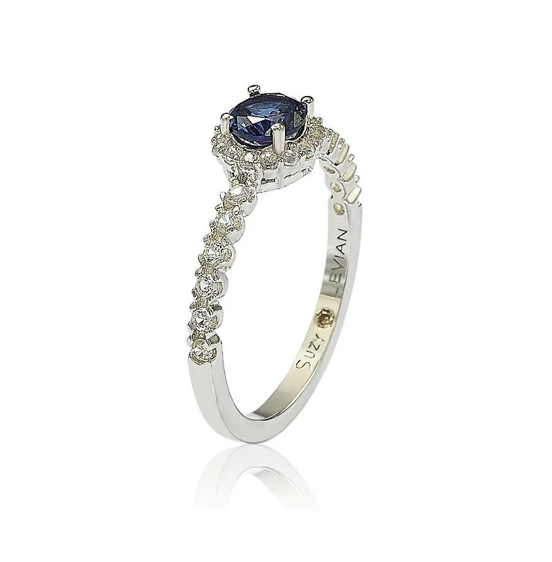 Suzy Levian New York Sterling Silver Sapphire & Created White Petite Halo Proposal Ring