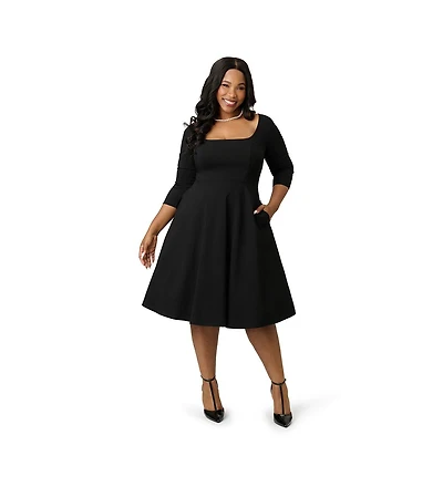 Unique Vintage Plus Square Neck Pleated Swing Dress