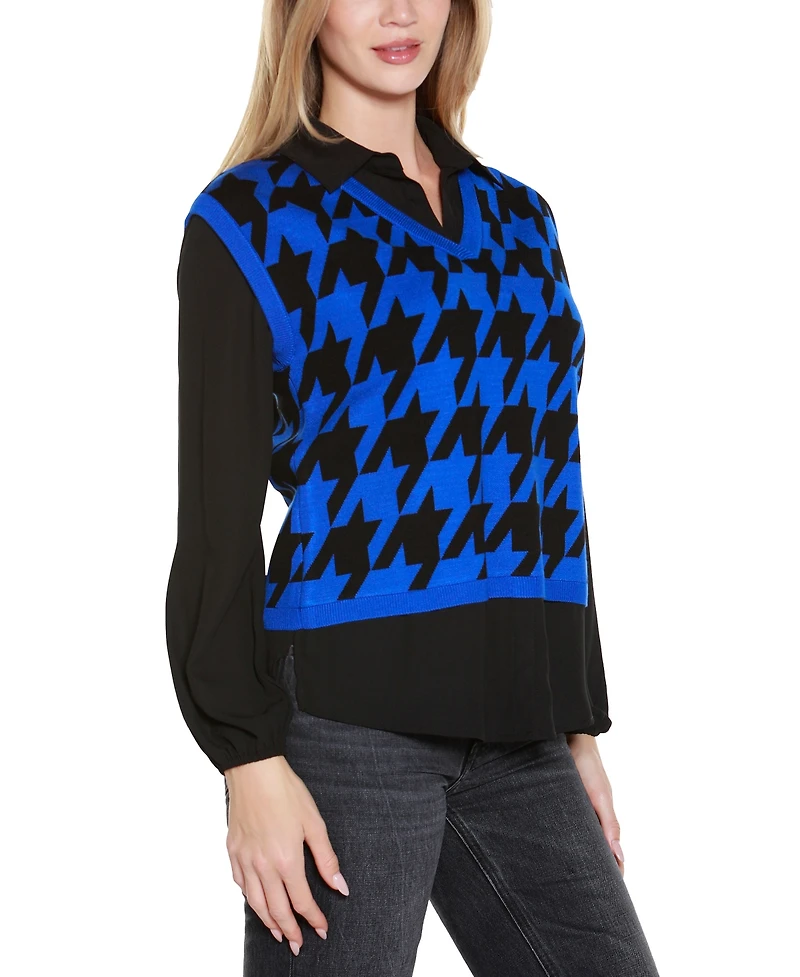 Belldini Women's Houndstooth Two-Fer Sweater