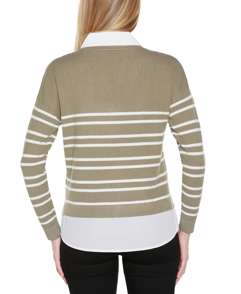 Belldini Women's Striped V-Neck Two-Fer Sweater